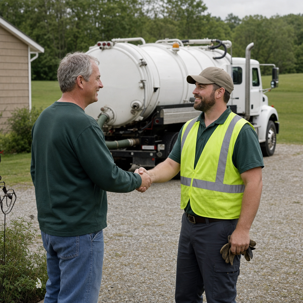 A septic technician shaking a Orem homeowner's hand beside the service truck after a completed pump-out