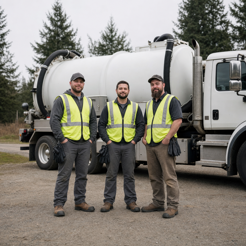 The Orem septic pumping crew standing together beside their clean white vacuum truck on a residential street