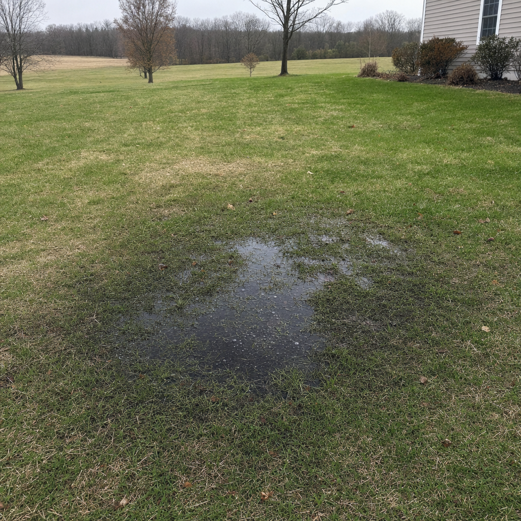 A dark, saturated wet spot in a Orem backyard lawn marking a failing cesspool at capacity