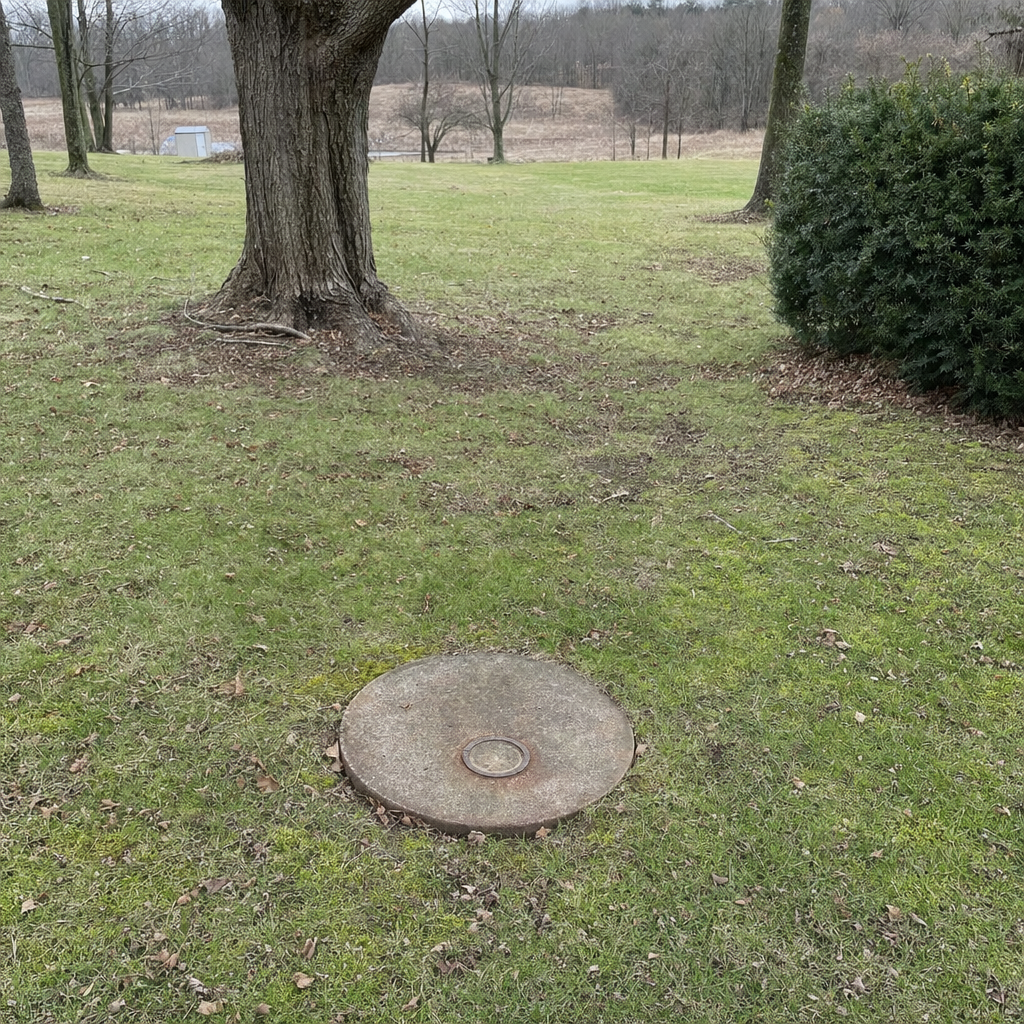 An older round cesspool access lid set flush in an established, mature Orem backyard lawn