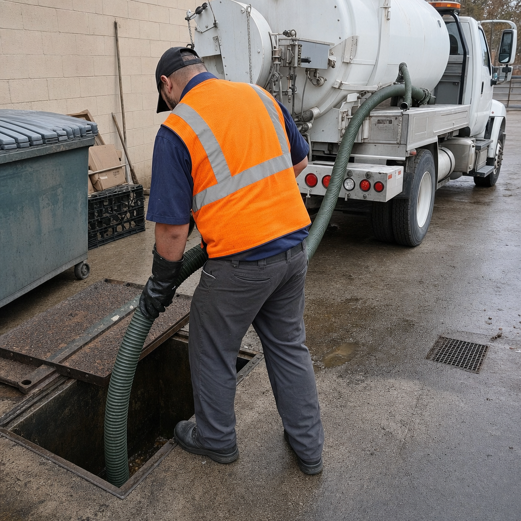 Technician pumping a grease trap behind a Orem restaurant