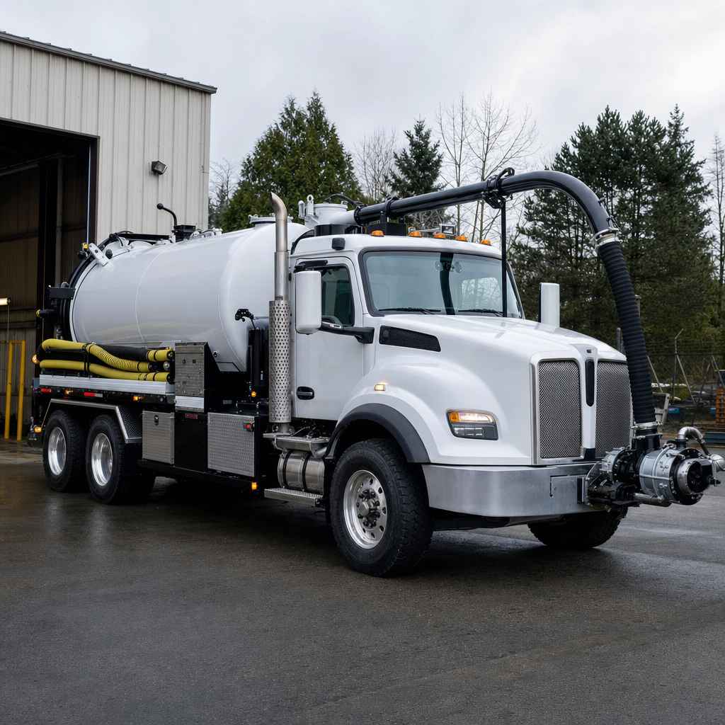 A clean white septic vacuum truck rolling out of a tidy Orem service depot at the start of the day