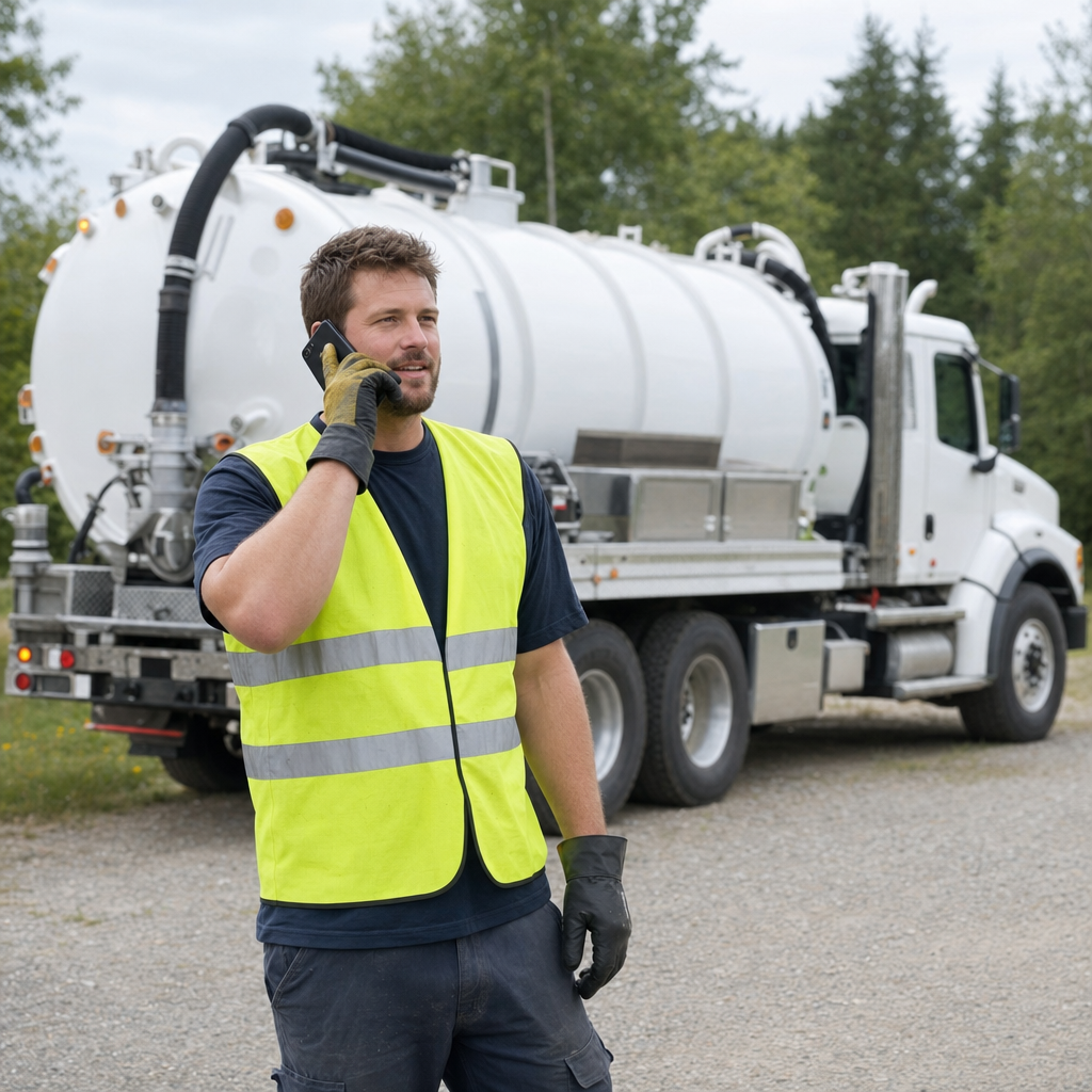 A friendly septic dispatcher holding a phone, ready to answer a Orem homeowner's call about a pump-out