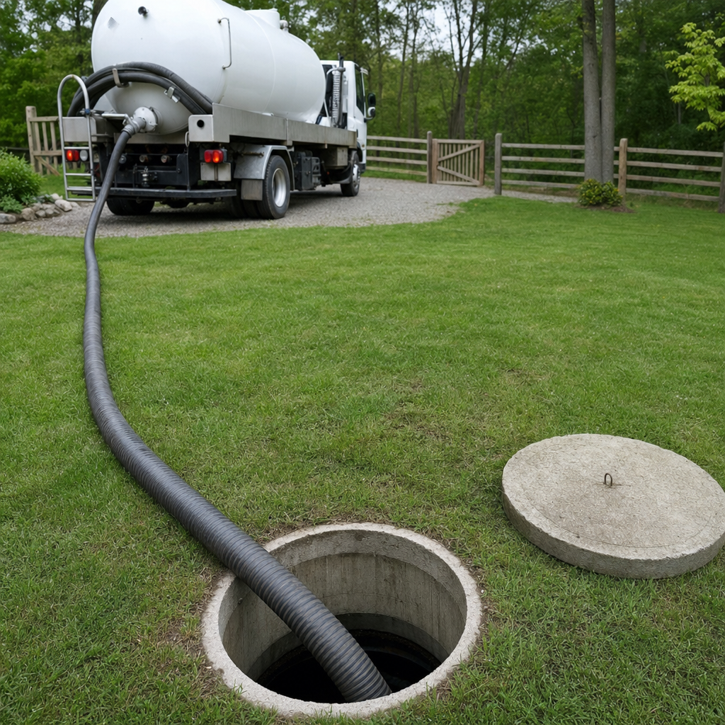 Suction hose connected to an open septic tank, drawing it down in a tidy Orem yard
