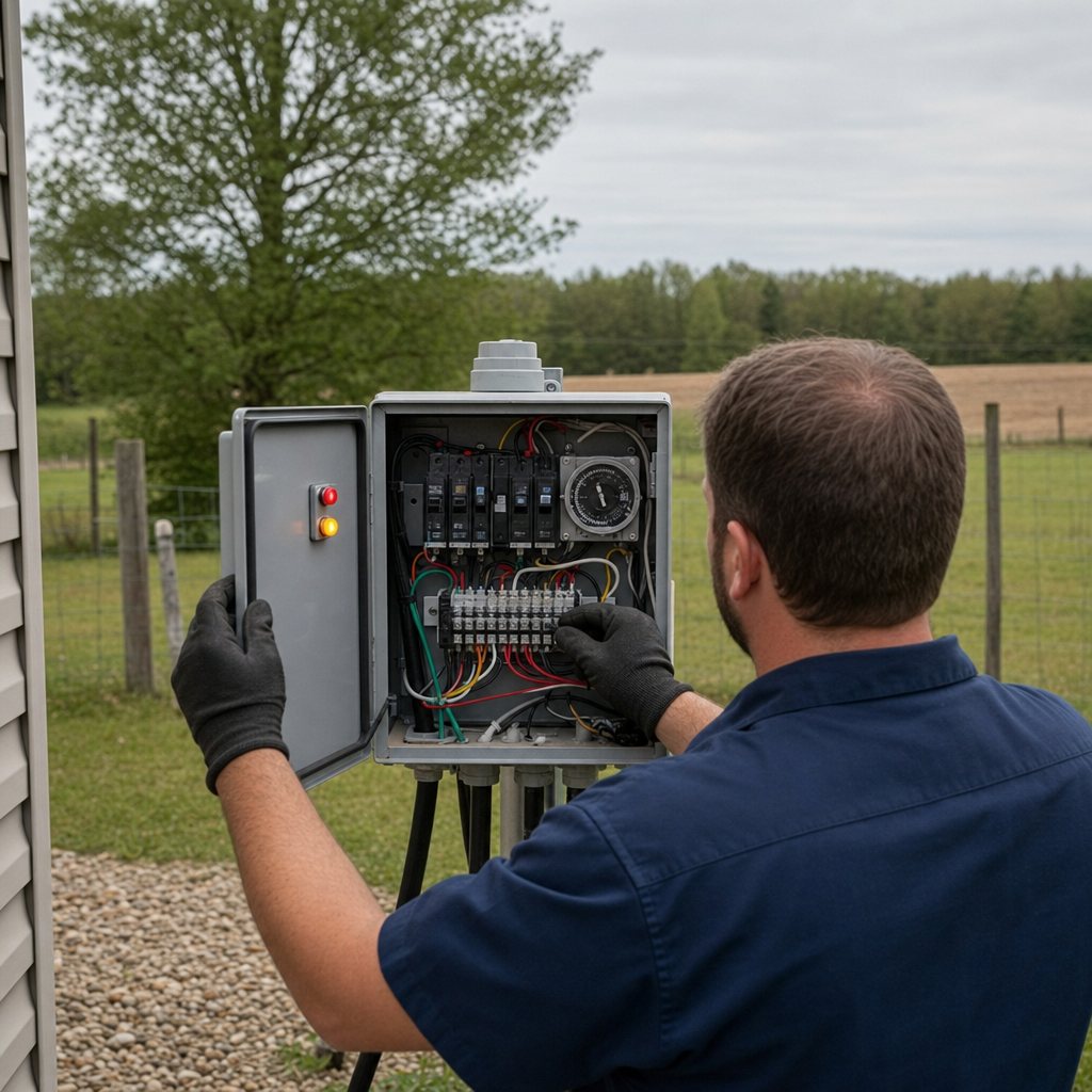Technician checking an aerobic septic control box with a lit red high-water alarm during a same-day Orem visit