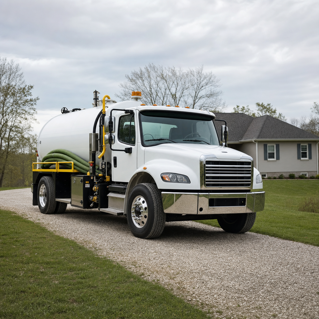 A clean white septic vacuum truck parked in a residential driveway, ready for a pump-out