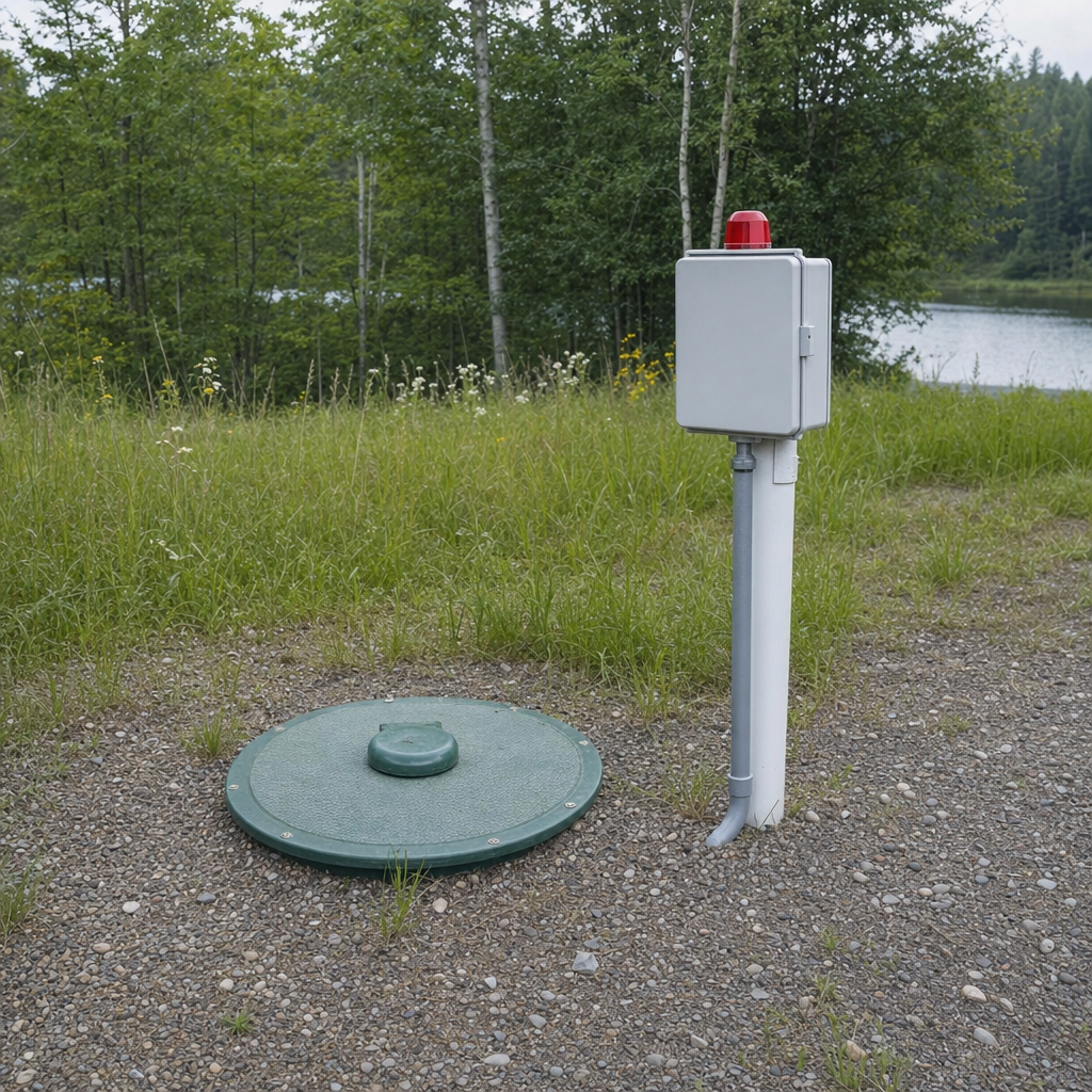 A wastewater holding tank access lid set in the ground at a rural Orem-area cabin, with a mounted high-level float alarm panel nearby