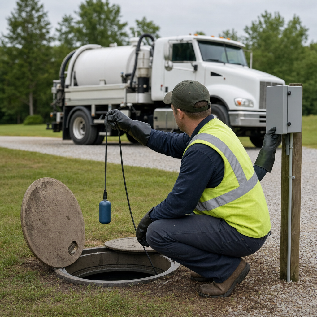 A septic technician in a high-visibility vest checking a high-level float switch and alarm panel on a holding tank at a rural Orem-area site
