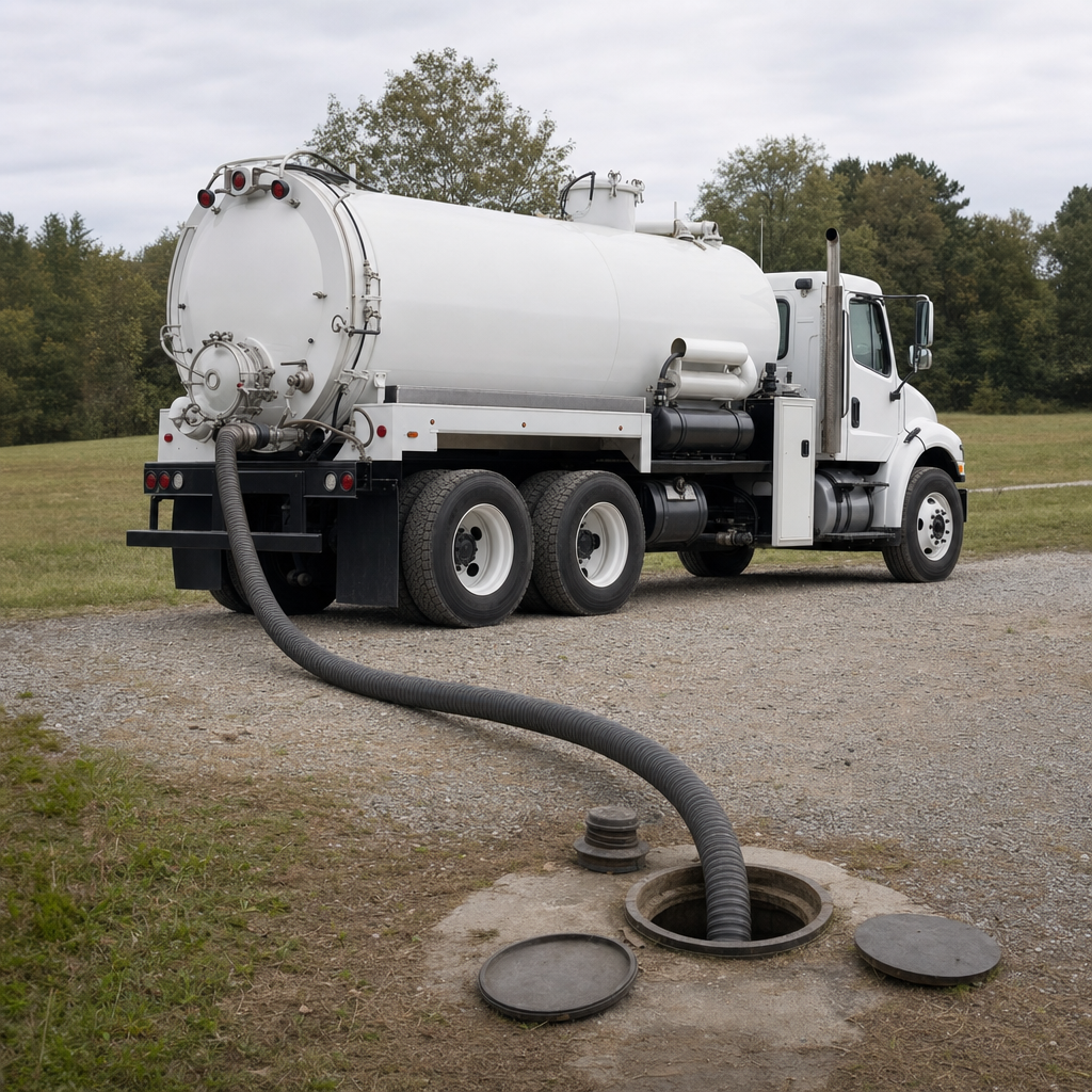An unmarked white vacuum truck emptying a wastewater holding tank on a scheduled visit at a rural Orem-area property, thick suction hose running to the tank lid