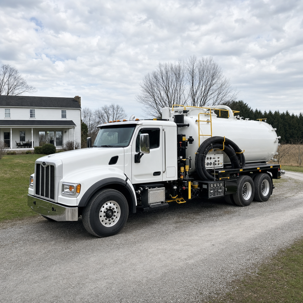 A clean white septic vacuum truck parked on a tidy Orem driveway with the suction hose neatly coiled