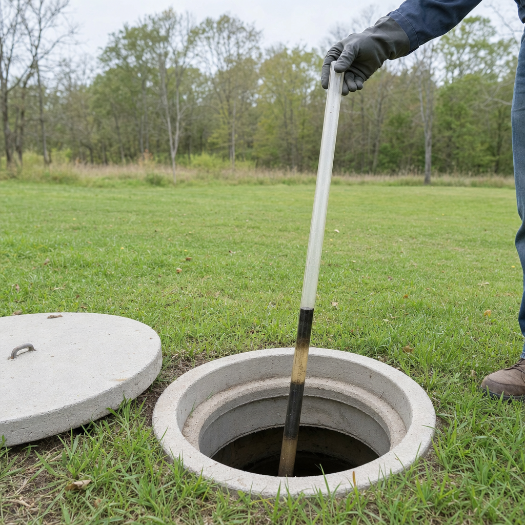 A septic sludge-judge measuring stick lowered into an open Orem septic tank to read the depth of the sludge and scum layers before deciding whether a pump-out is due