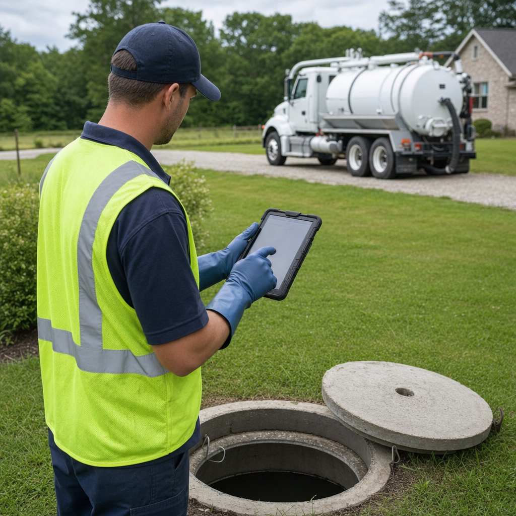 A septic technician recording a Orem home's pump-out date and tank condition on a tablet beside an open access lid, tracking the service history that sets the next due date