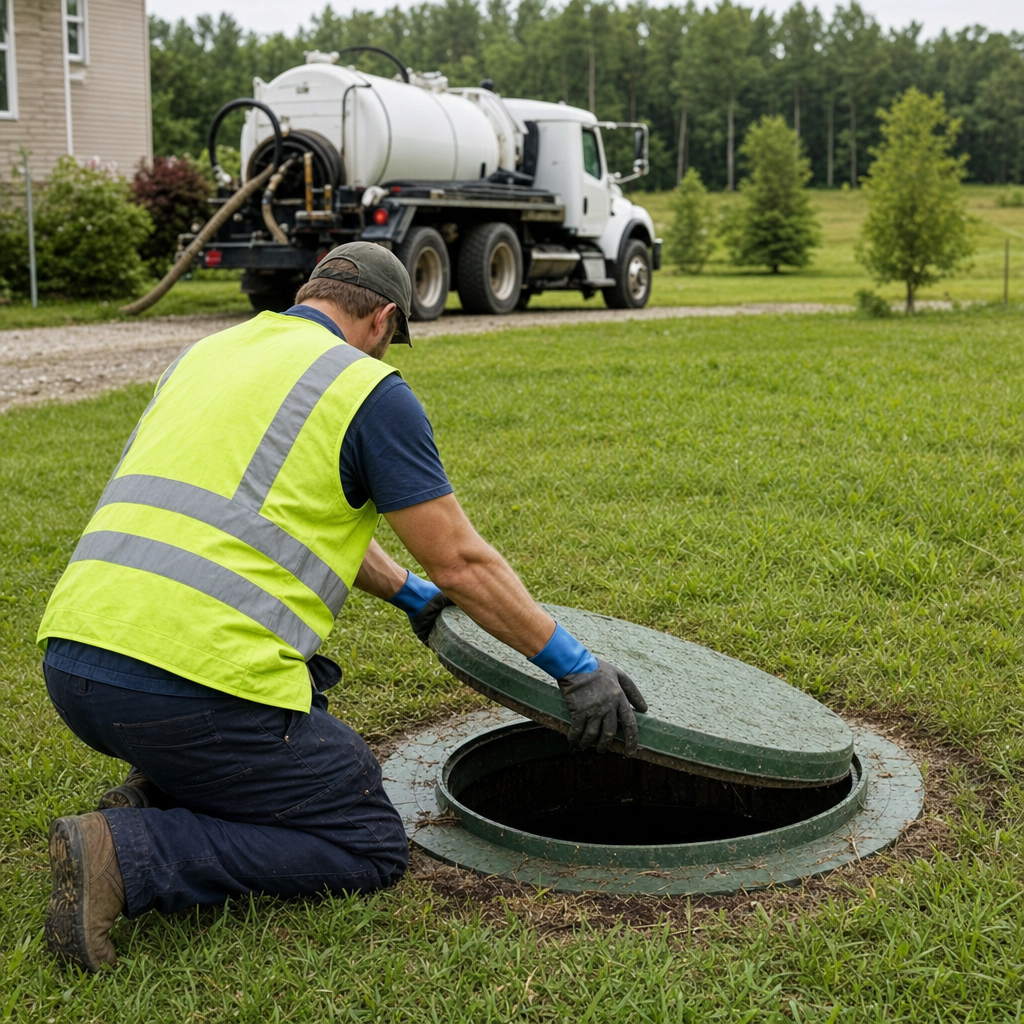 Septic technician kneeling on a Orem lawn, lifting the access lid on a residential septic tank