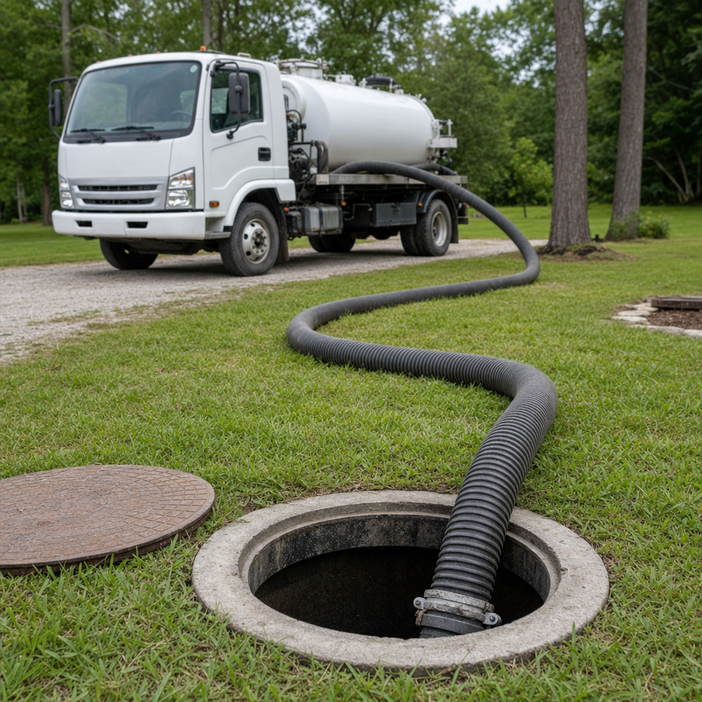 Thick ribbed suction hose lowered into a clean open septic tank port on a tidy Orem backyard lawn