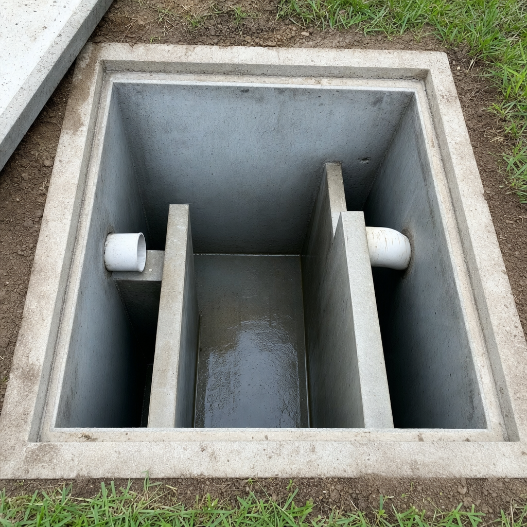 Inspection of the concrete baffles inside an open, emptied and freshly cleaned Orem septic tank