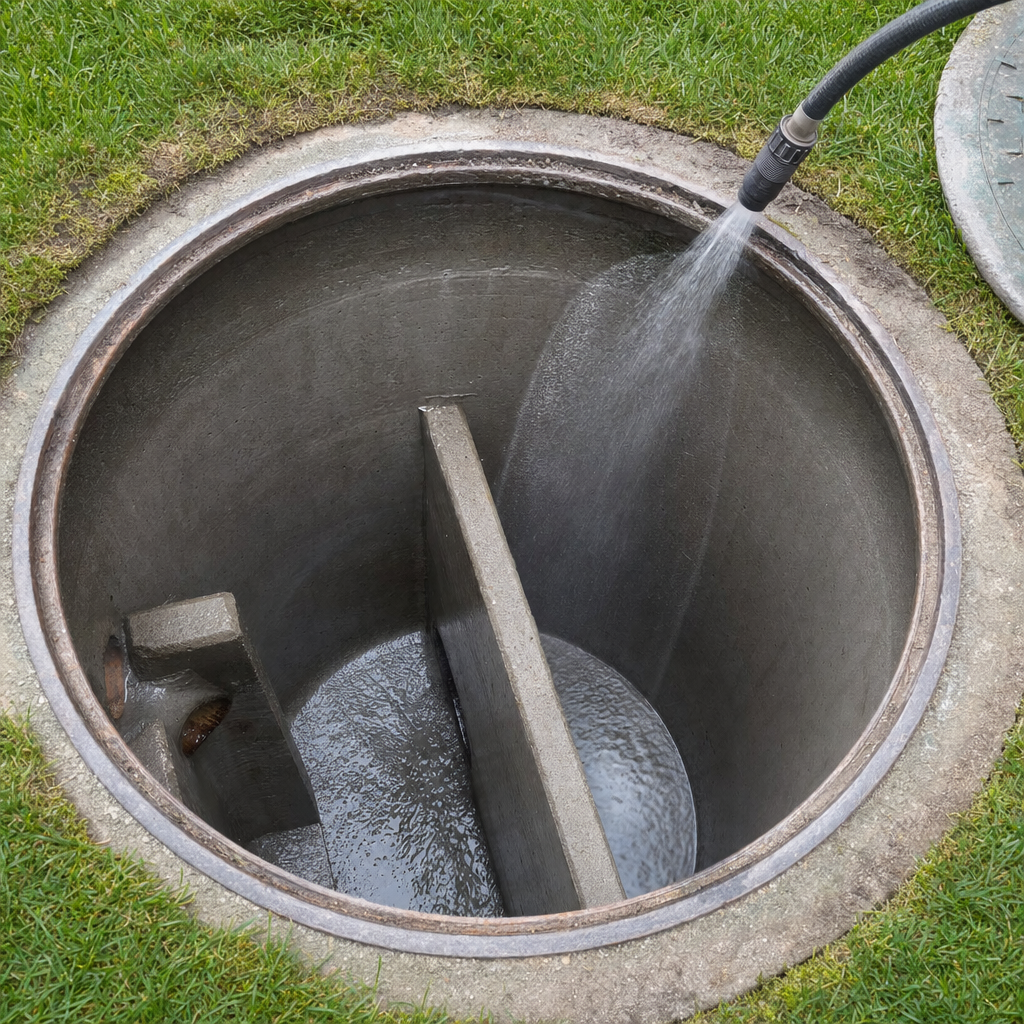 Interior concrete walls of an emptied Orem septic tank being rinsed clean with the truck's onboard water hose
