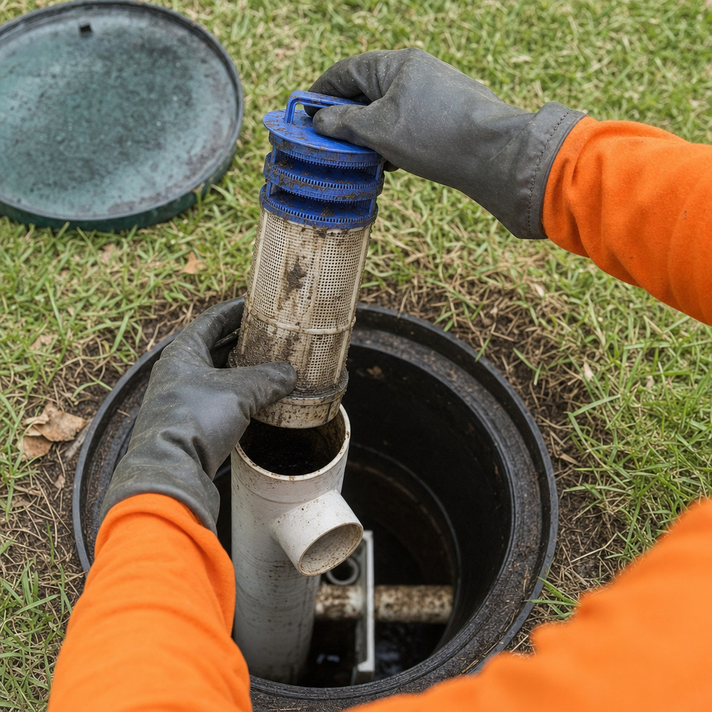 Septic technician's gloved hands lifting the effluent filter cartridge out of the outlet housing on a Orem septic tank
