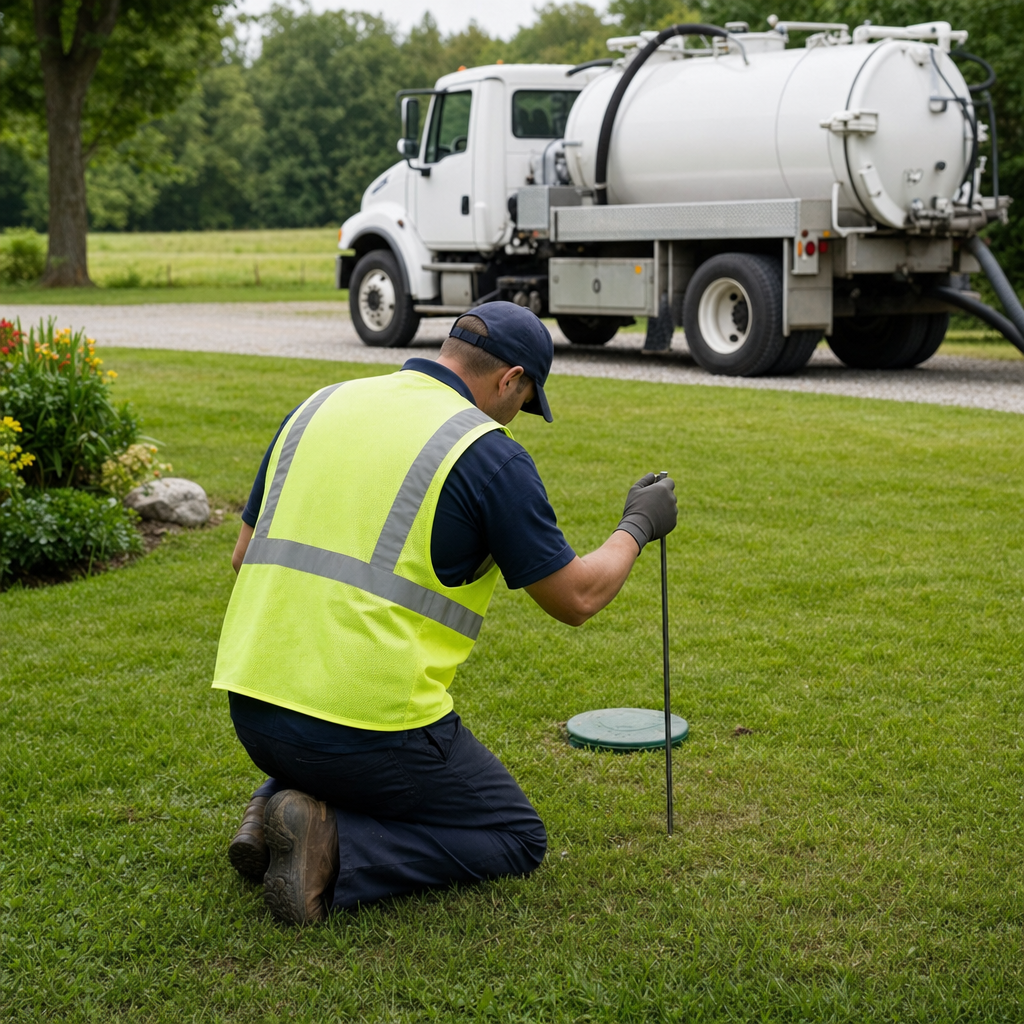 Septic technician kneeling on a Orem lawn, probing to locate and measure the depth of a buried septic tank lid before pumping