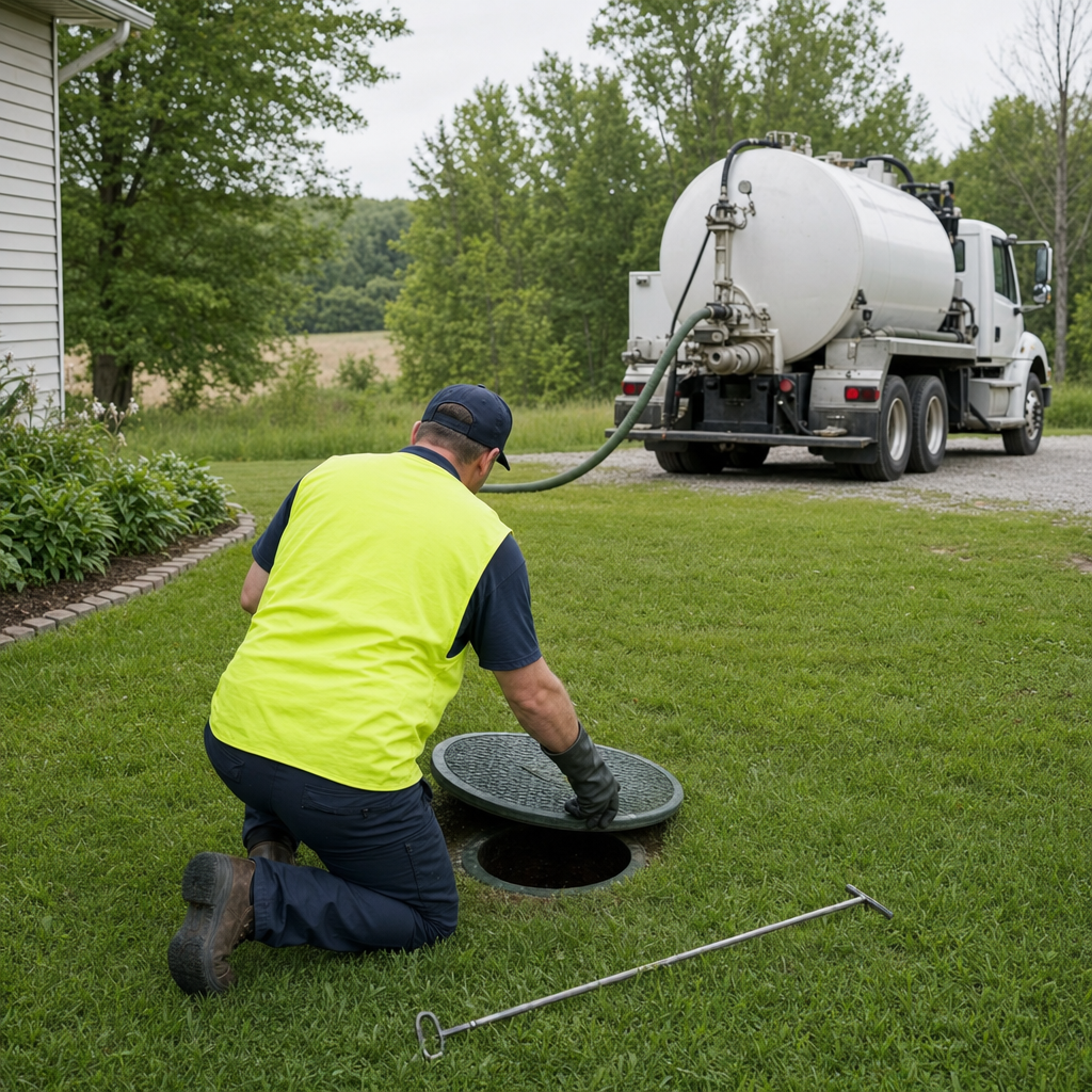 Septic technician kneeling on a Orem lawn, lifting the buried access lid on a residential septic tank