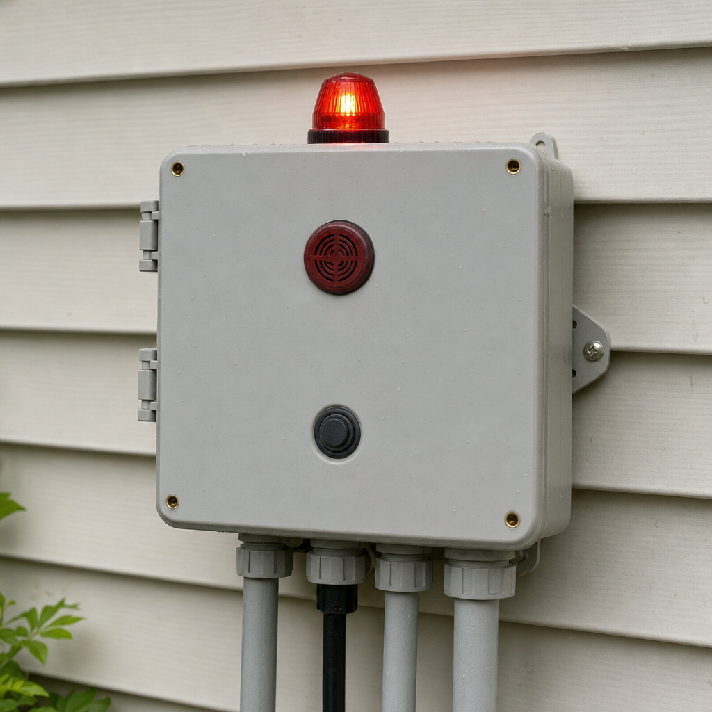 An aerobic septic system control panel mounted outside a Orem home with its red high-water alarm light lit