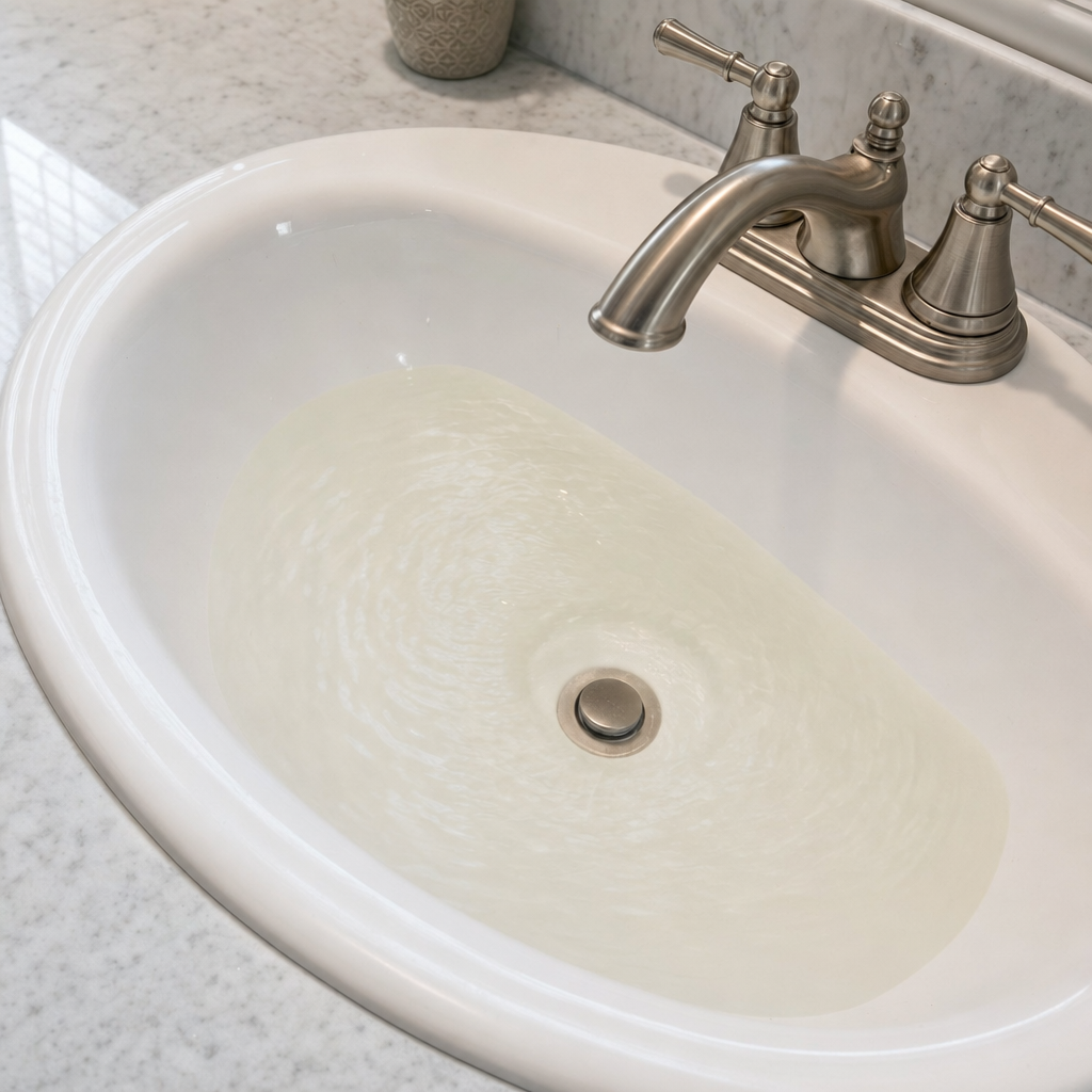 A bathroom sink draining slowly with water pooled in the basin, an early warning sign that a Orem septic tank is full